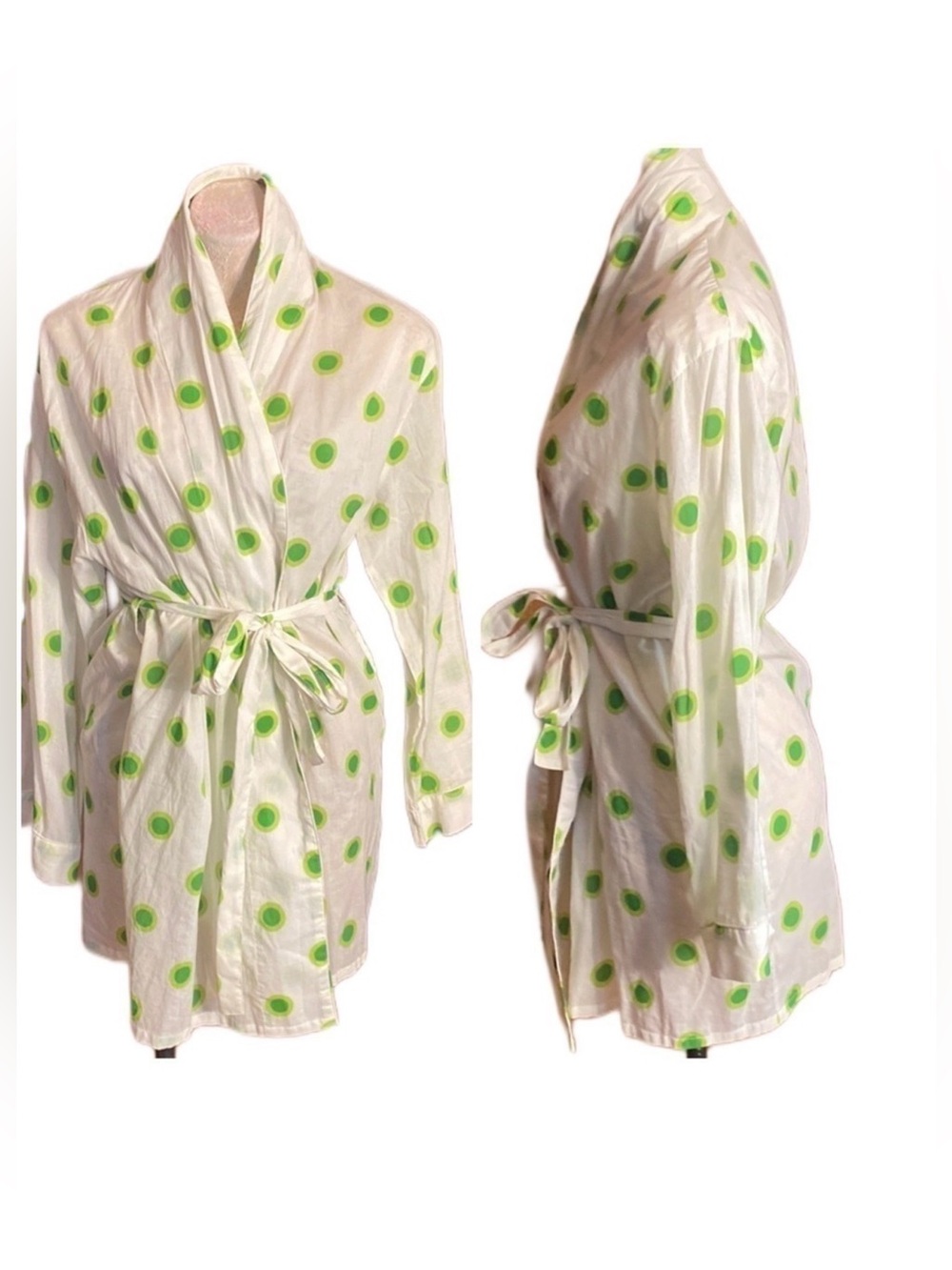 Pine Cone Hill 100% Cotton Short Robe Unisex White Green polka dots Sz S/M
